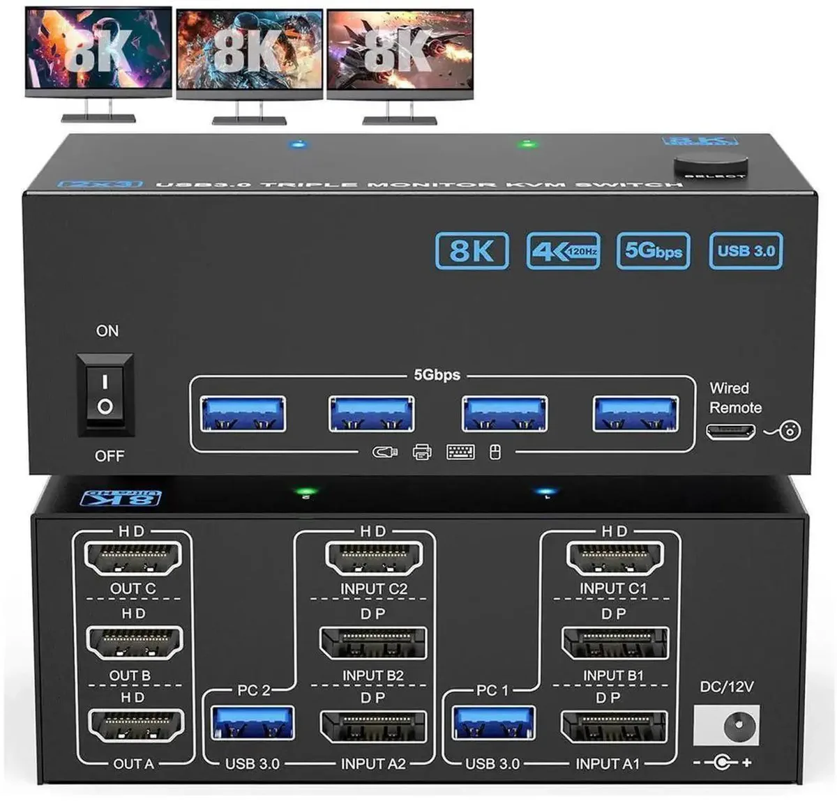 Vszerda Vszerda KVM Switch 3 Monitors 2 Computers 8K@60Hz 4K@144Hz 1*HDMI+2*DP In 3*HDMI Out 4 USB 3.0 Wired Remote — product photo