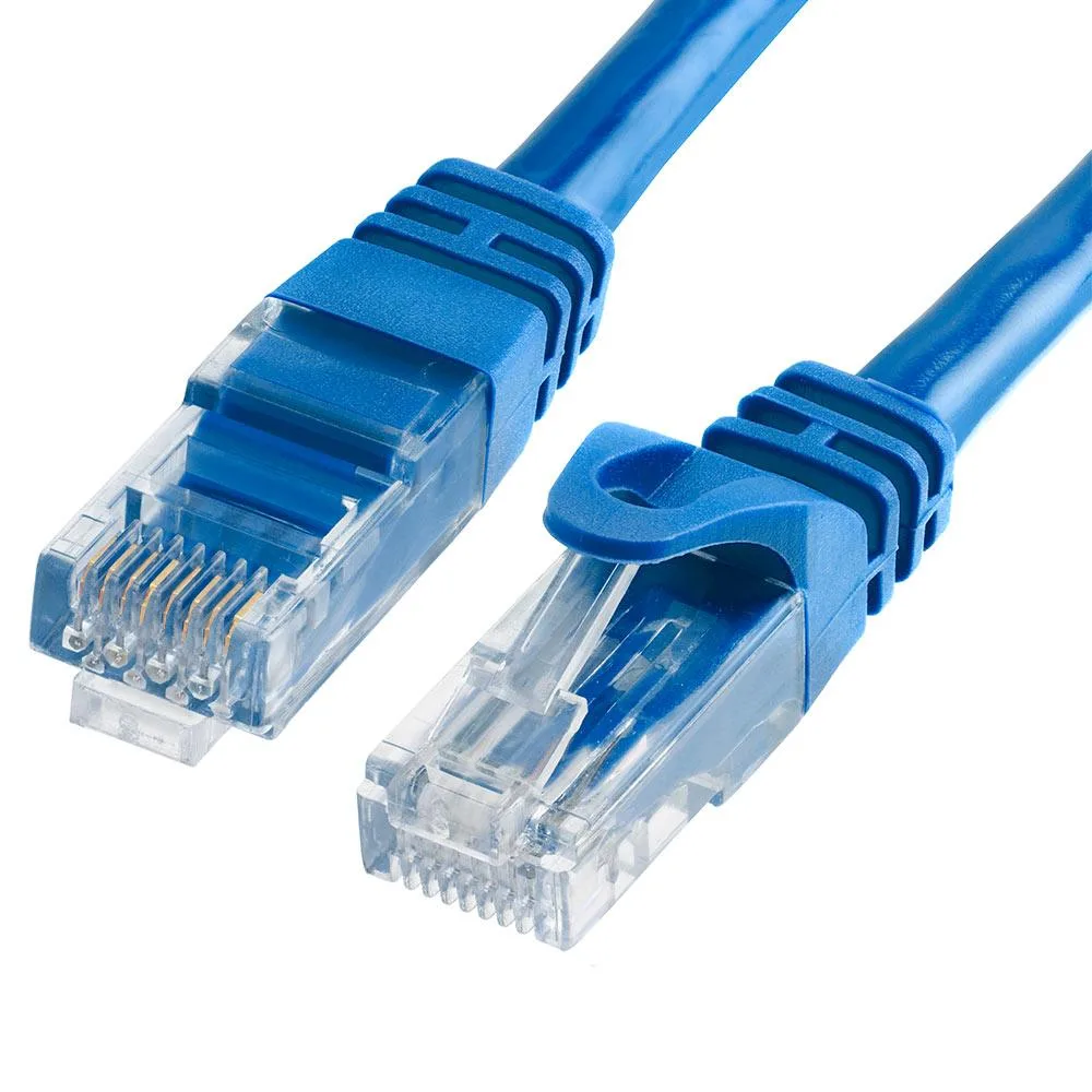 Blue Cat6 Ethernet cable, 100 ft length, gold-plated RJ45 connectors on both ends, flexible PVC jacket