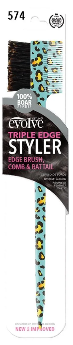 A long-handled triple-edge styling brush with boar bristles, fine-tooth comb and rat-tail end
