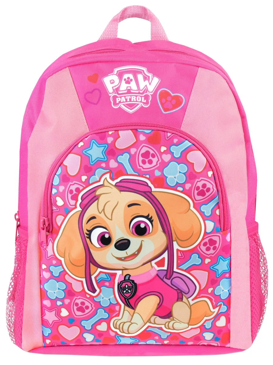 Beige polyester backpack with Skye graphics, adjustable straps, side pockets