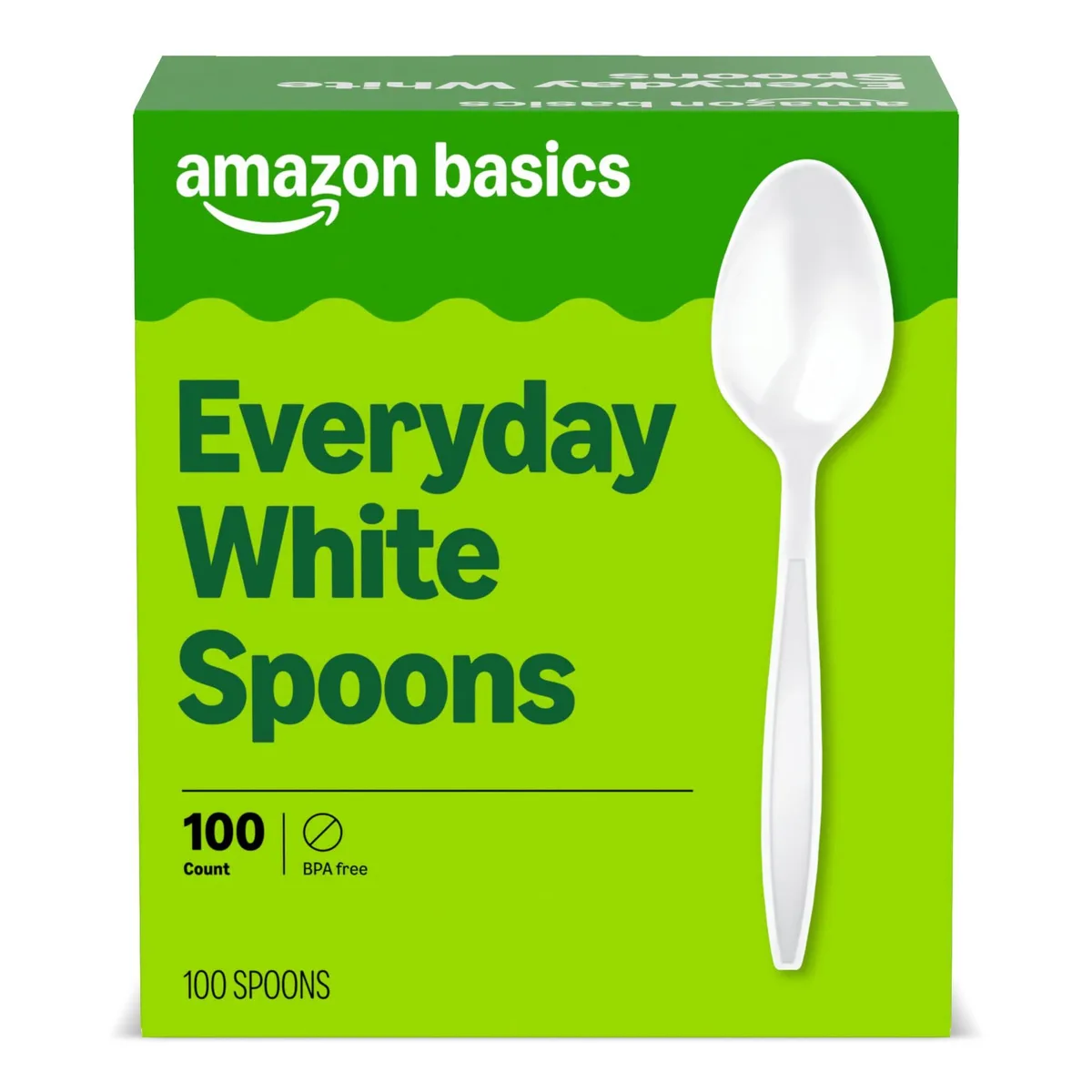 Box of 100 white plastic spoons in bulk packaging