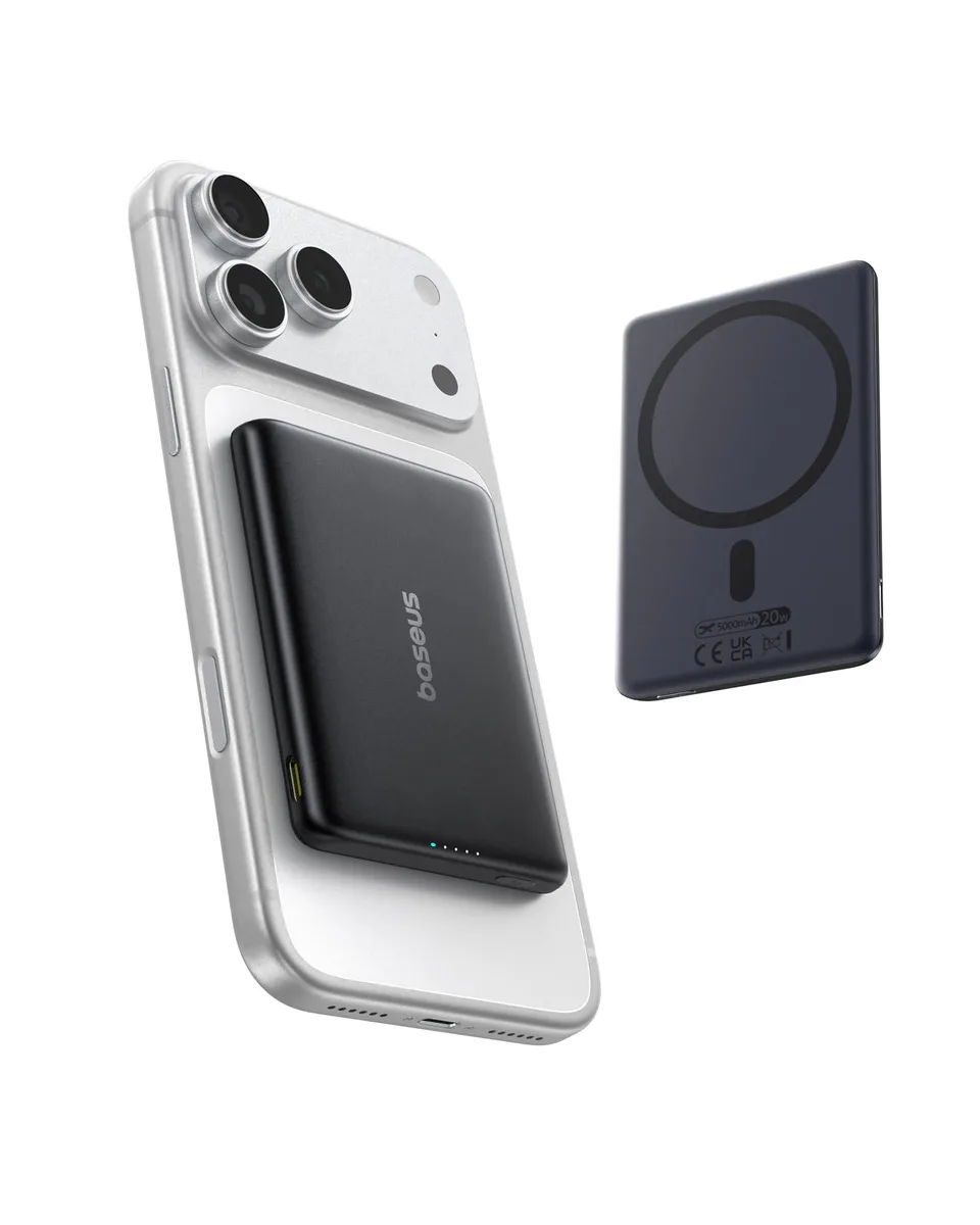 Compact rectangular power bank in Cosmic Black with rounded edges, USB-C port and integrated braided cable visible on side