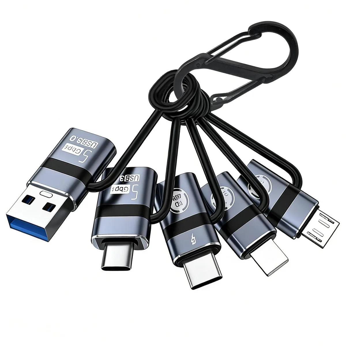 Five blue USB-C adapters on a key ring with silicone loops