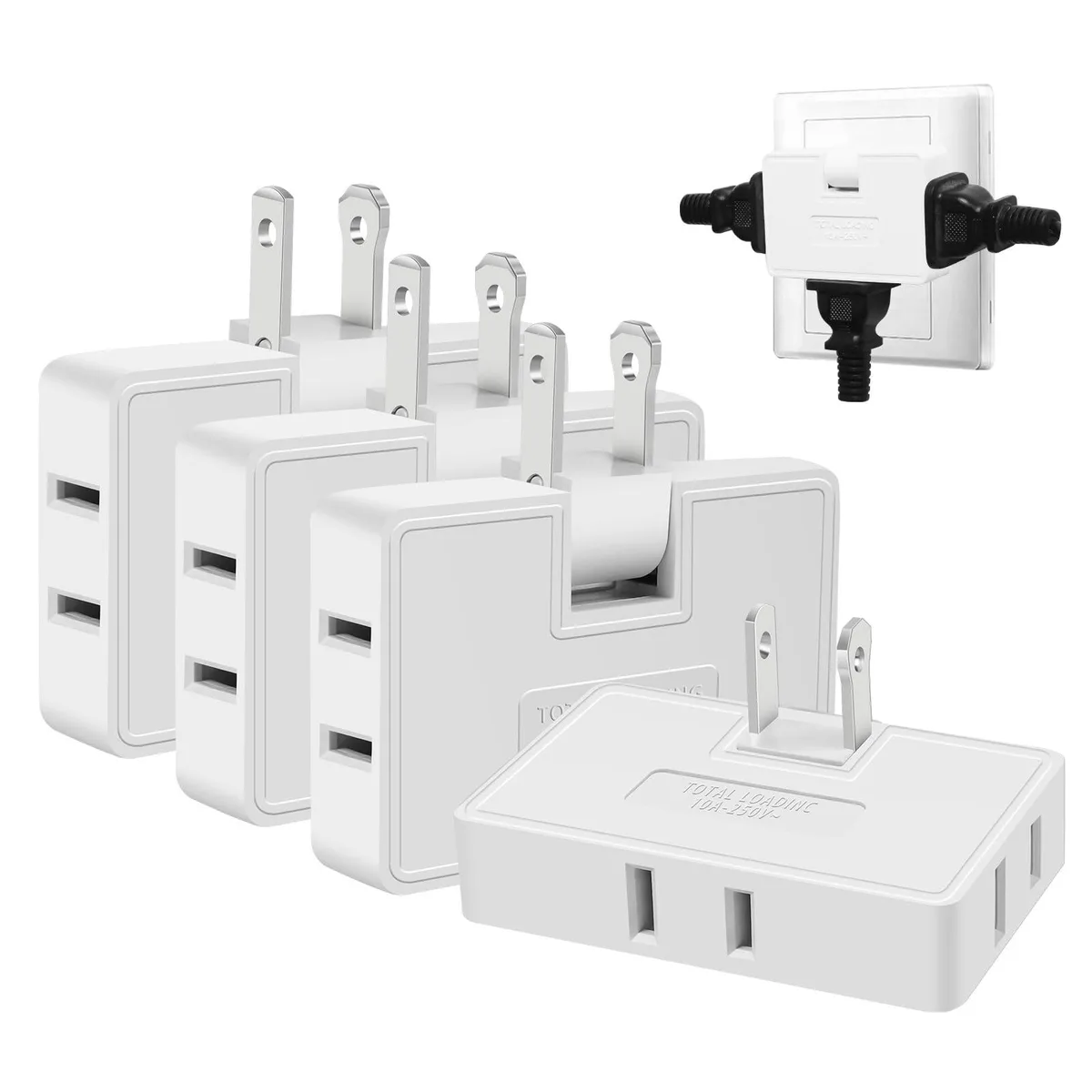 White flat wall outlet extender with rotatable plug, four pack