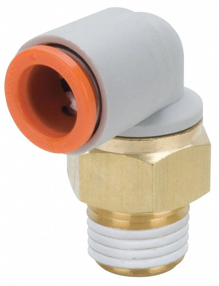 Small brass push-fit elbow fitting with threaded end