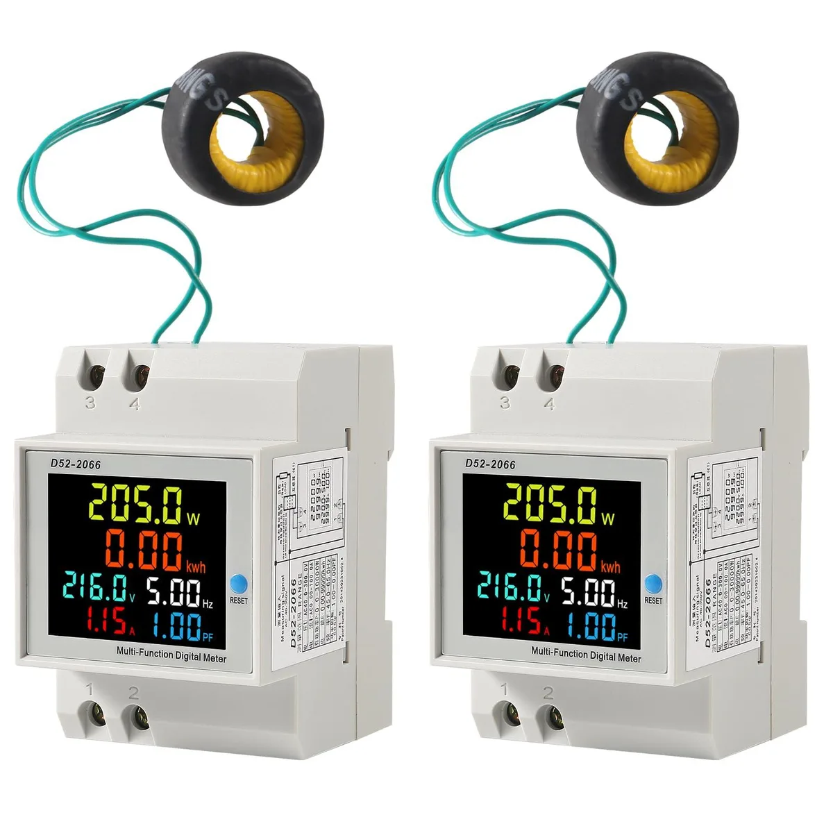 Two compact DIN-rail energy meters with LCD screens and external CTs