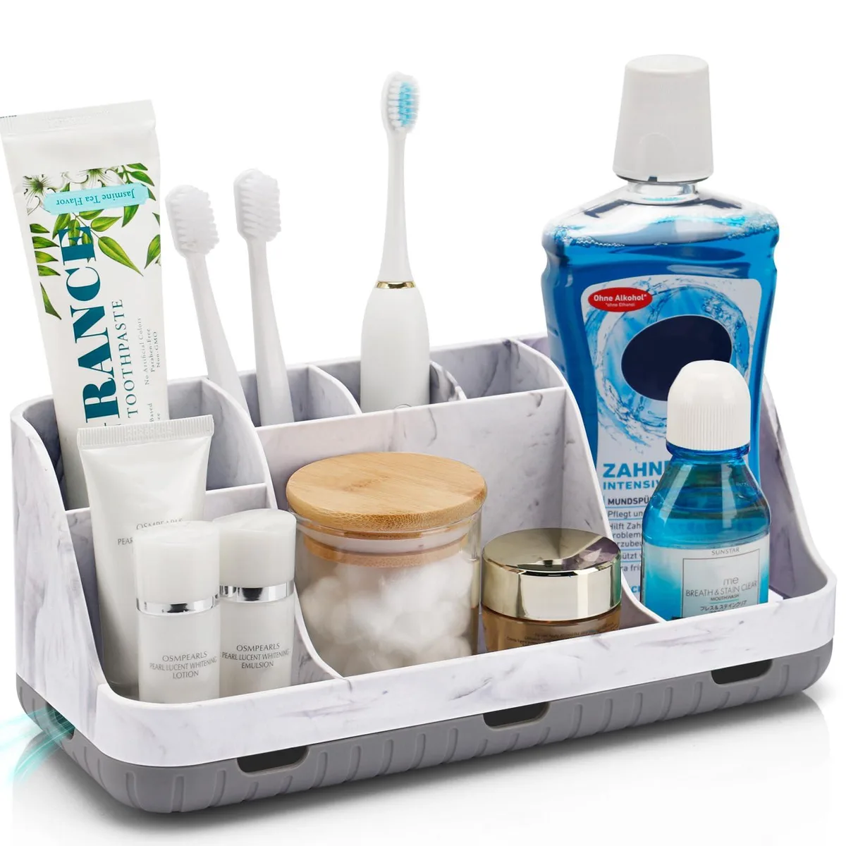 Marble grey bathroom organizer with seven slots and detachable base