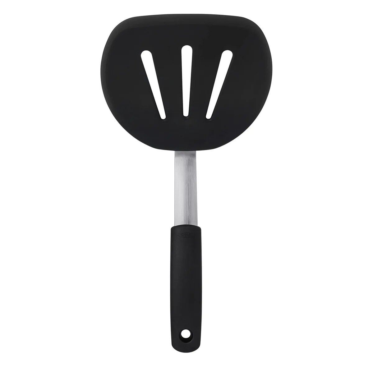 Black silicone pancake turner with flexible head and soft non-slip handle