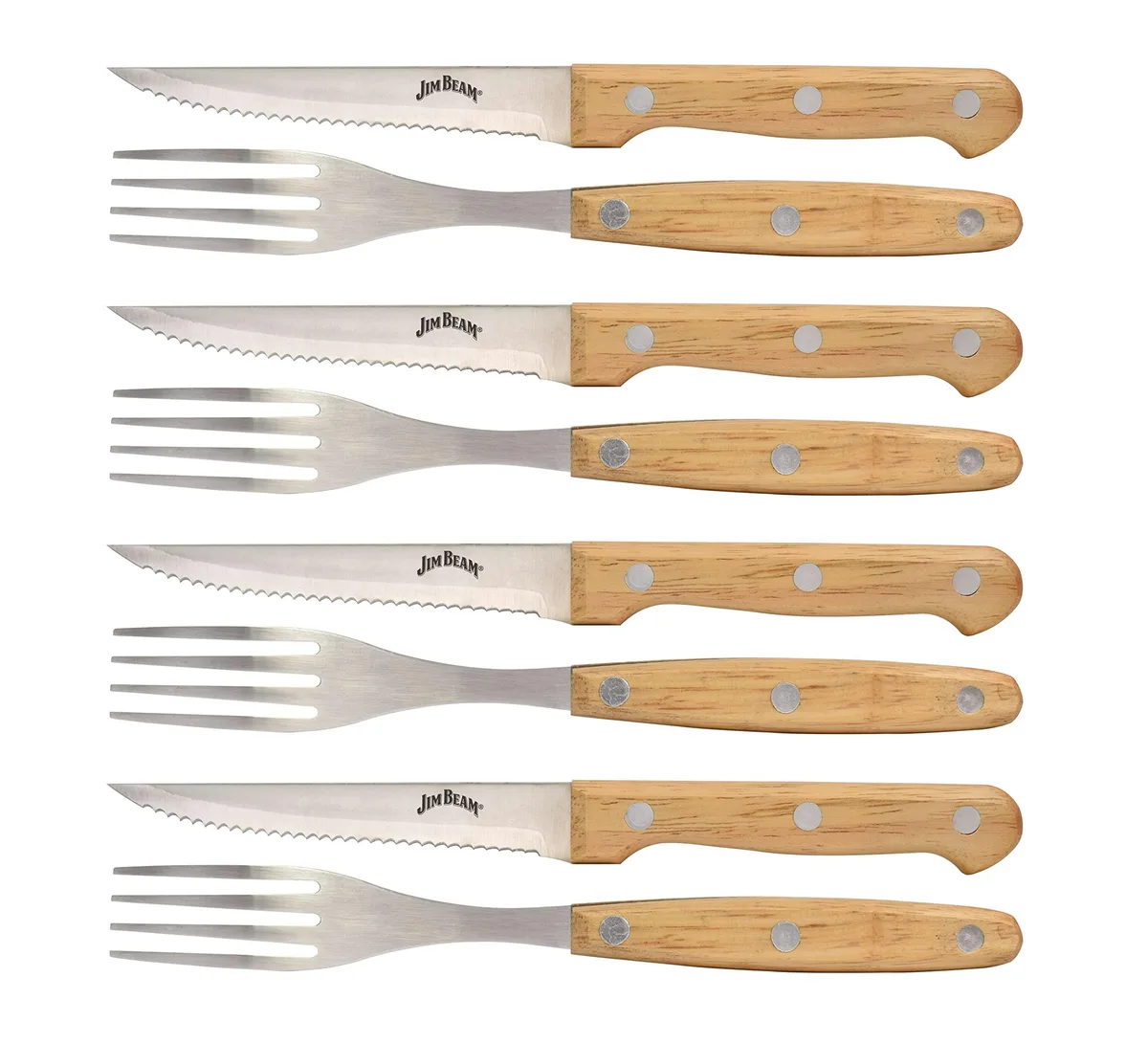 Eight-piece steak knife and fork set with light-brown wooden handles and polished stainless steel blades