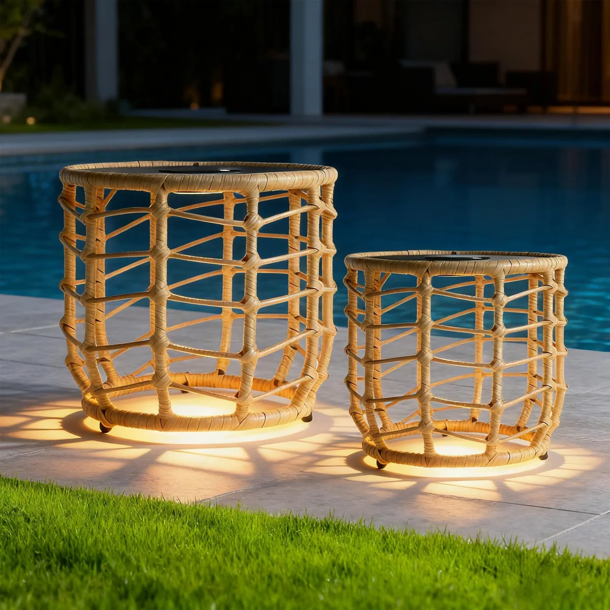 Two round nesting tables in natural brown handwoven wicker with solar lights