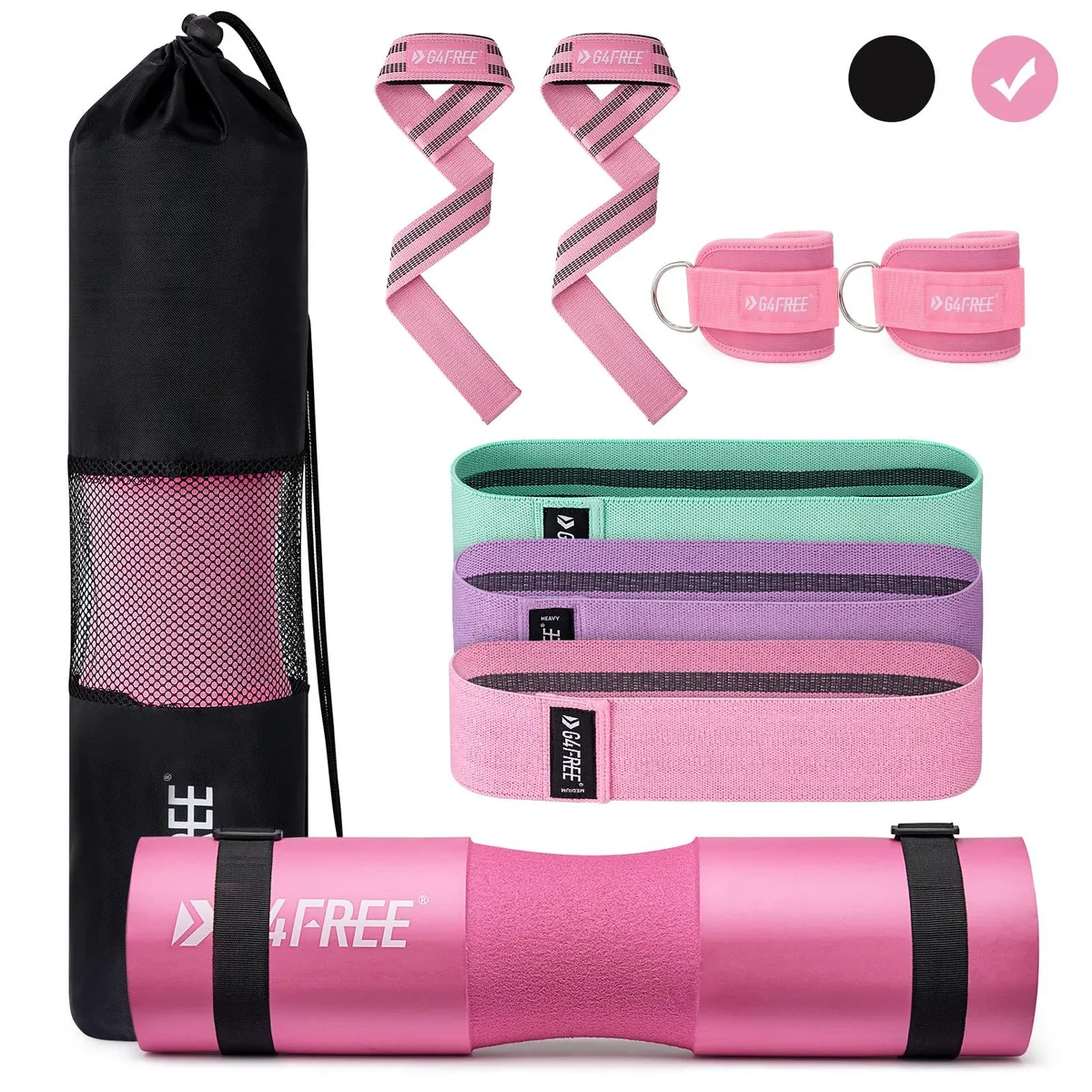 Pink 9-piece barbell pad set with straps bands and carry bag