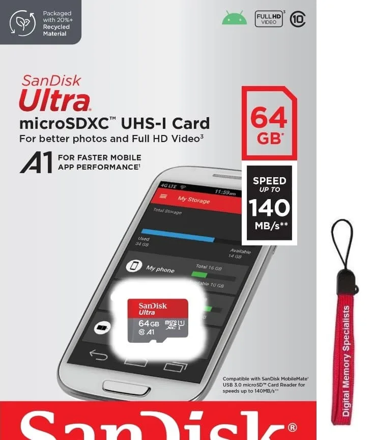 SanDisk SanDisk Ultra microSDXC 64GB 140MB/s UHS-I U1 A1 SDSQUAB-064G-GN6MN with OEM Lanyard — product photo