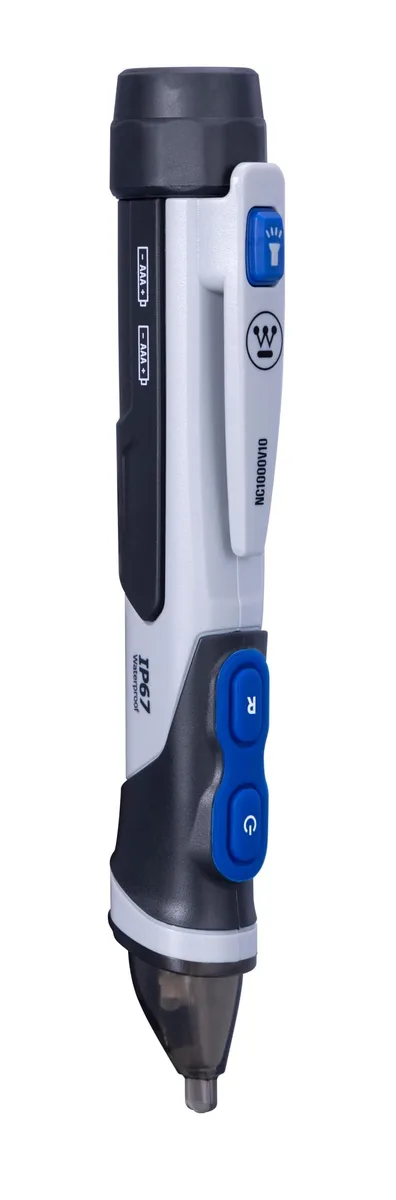 Yellow pen-style voltage tester with pocket clip and LED light, 6.3 inches long