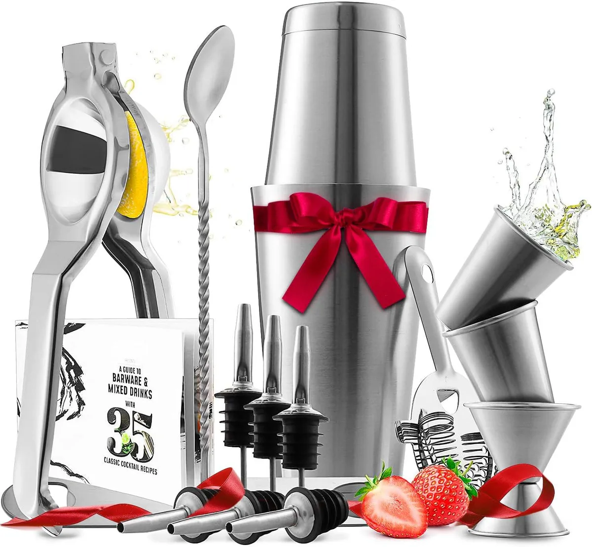 Silver stainless steel 16-piece bar tool set with shaker, jigger, strainer, pourers and recipe book