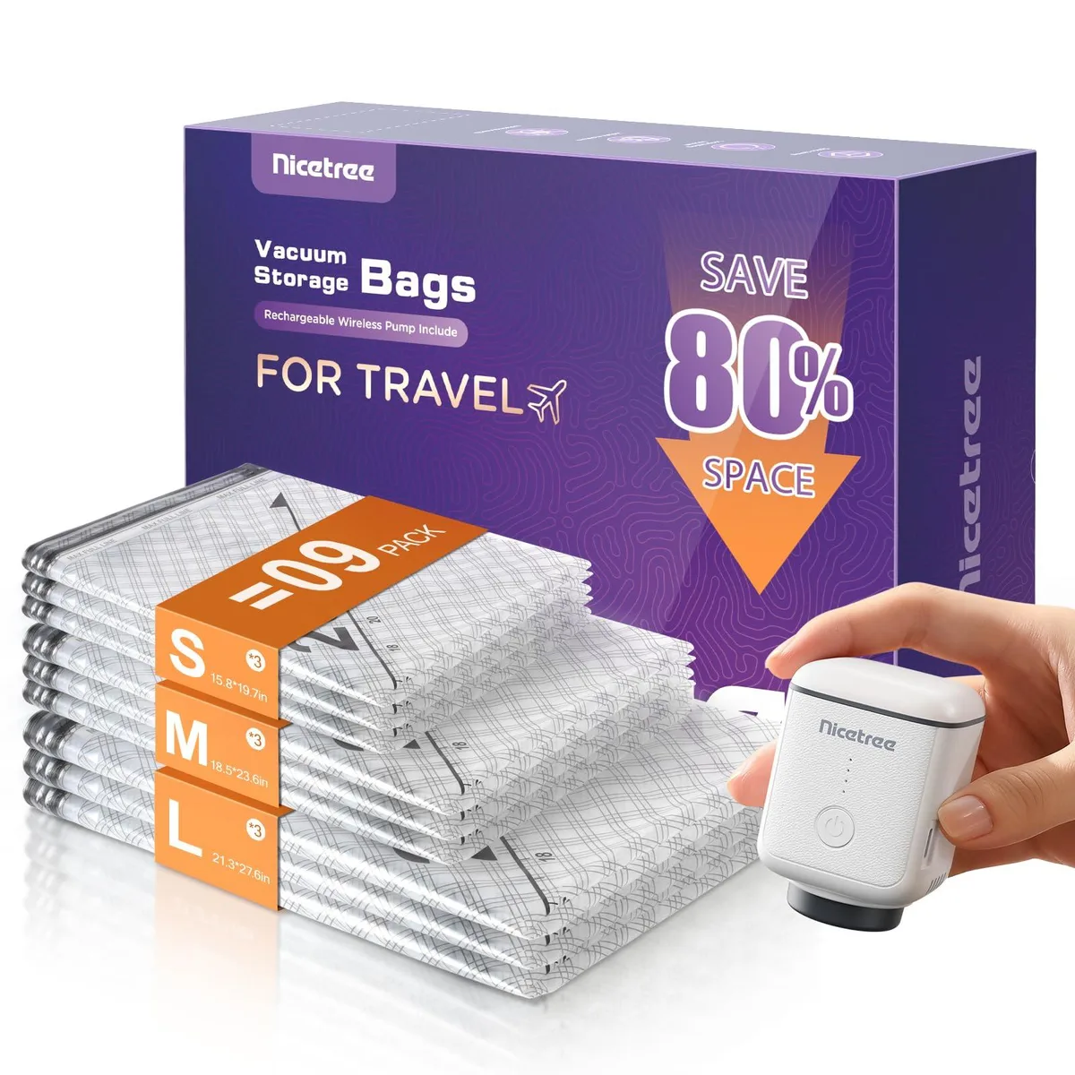 Nine beige rectangular vacuum bags with a small rechargeable pump