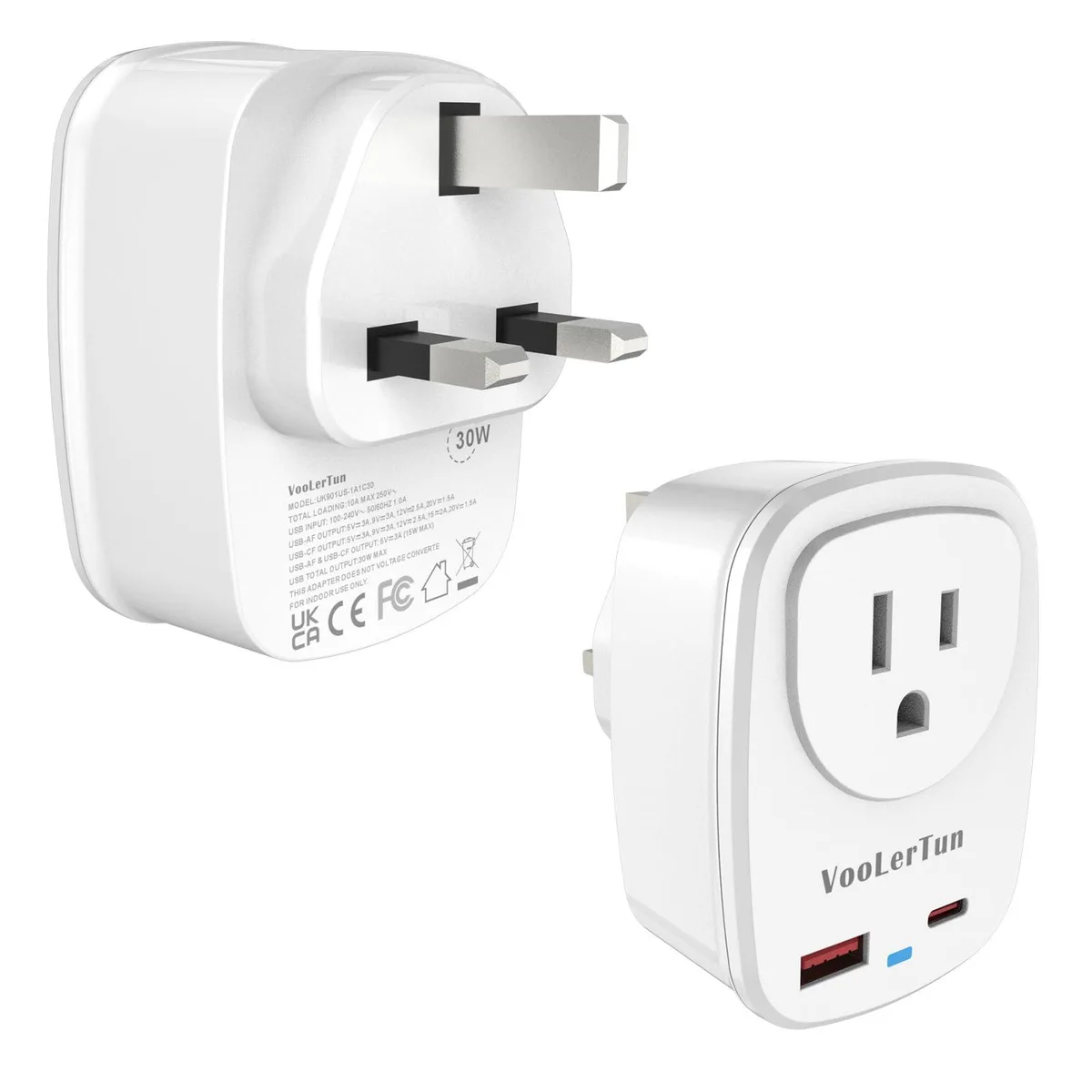 White rectangular travel adapter with UK Type G plug, one US socket and two USB ports