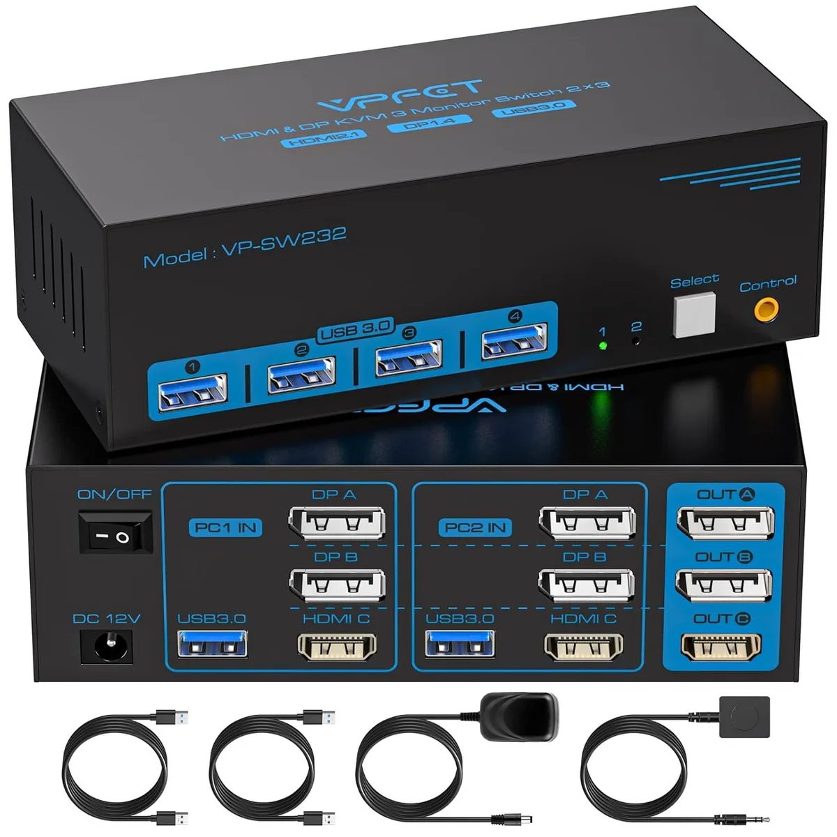Explus-C Explus-C 3-Monitor 2-PC KVM Switch HDMI 2.1 DP 1.4 8K@60Hz 4K@120Hz 4×USB 3.0 — product photo