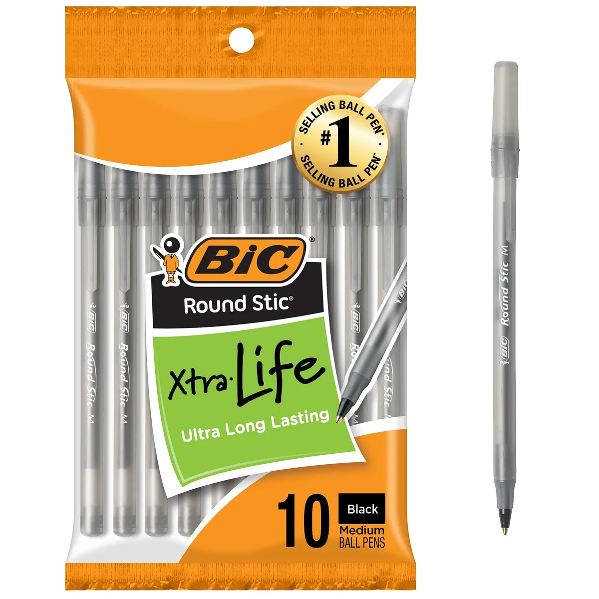 Ten black ballpoint pens with translucent barrels and frosted caps