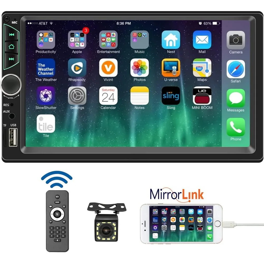 Black double-DIN car stereo with 7 inch touchscreen and separate backup camera