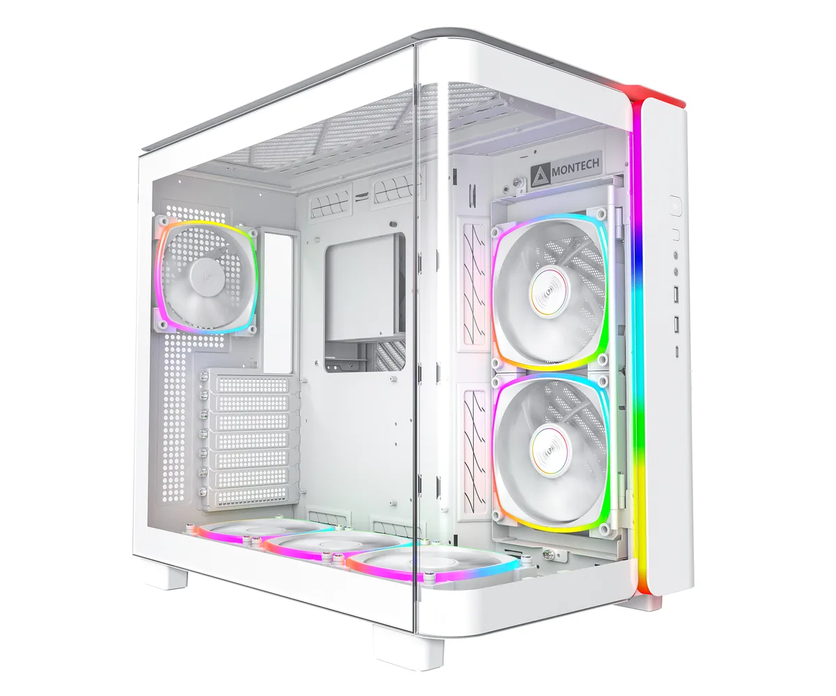 White dual-chamber ATX mid-tower with curved tempered glass front and six pre-installed ARGB fans