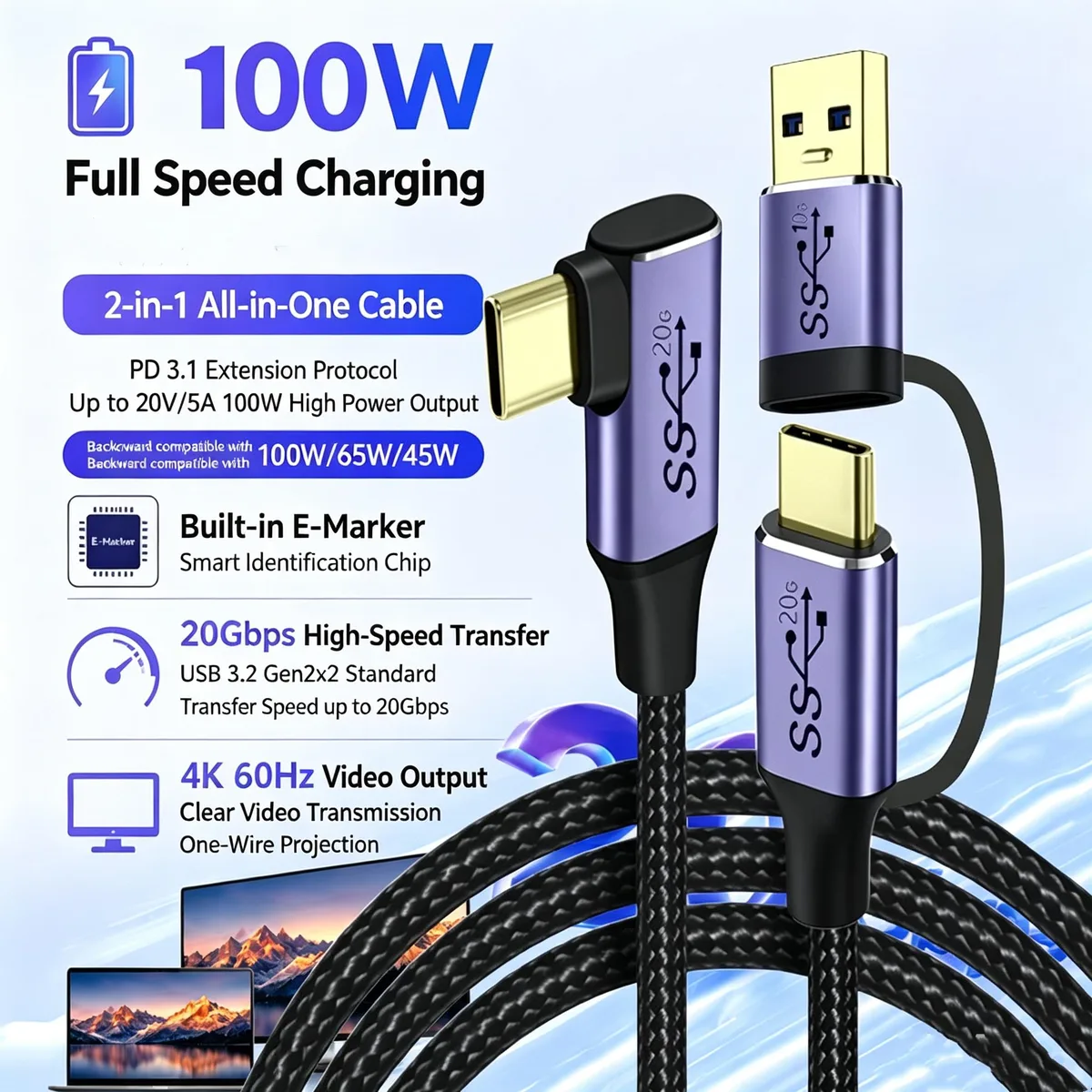 Aomoproing Aomoproing 2-in-1 L-shaped USB 3.2 Gen2x2 Type-C Cable 1.5m 100W 20Gbps 4K 60Hz — product photo