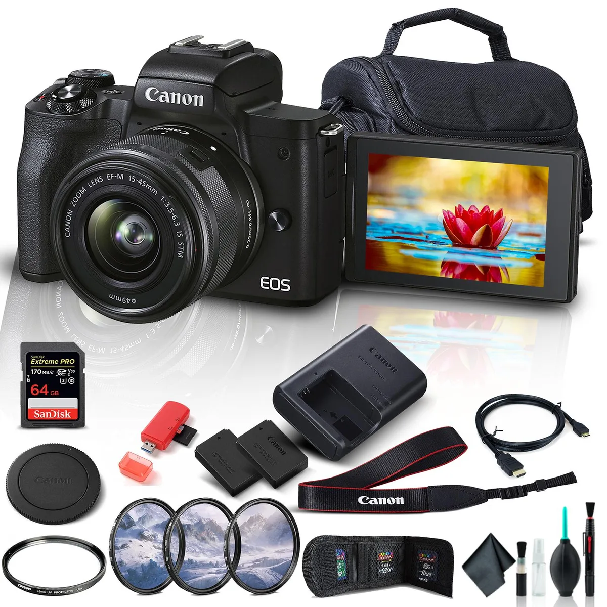 Black Canon EOS M50 Mark II mirrorless camera with 15-45mm lens, 64GB memory card, battery, padded case, filters, card reader