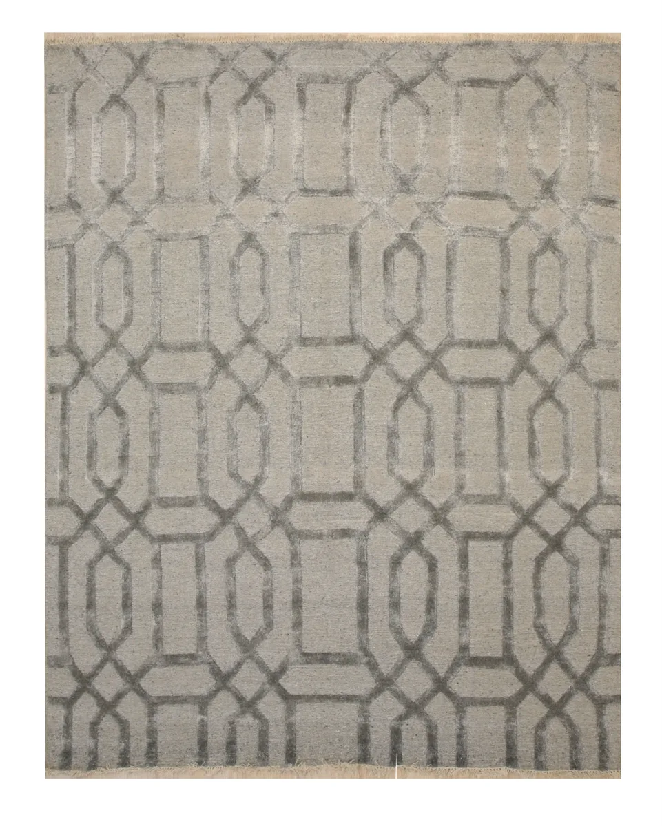 Hand-knotted wool and viscose rug in gray with geometric links pattern