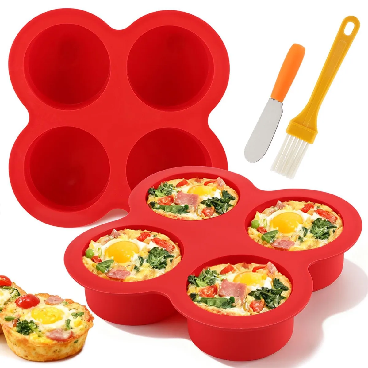 Two round silicone moulds, four cups each, with spatula and brush