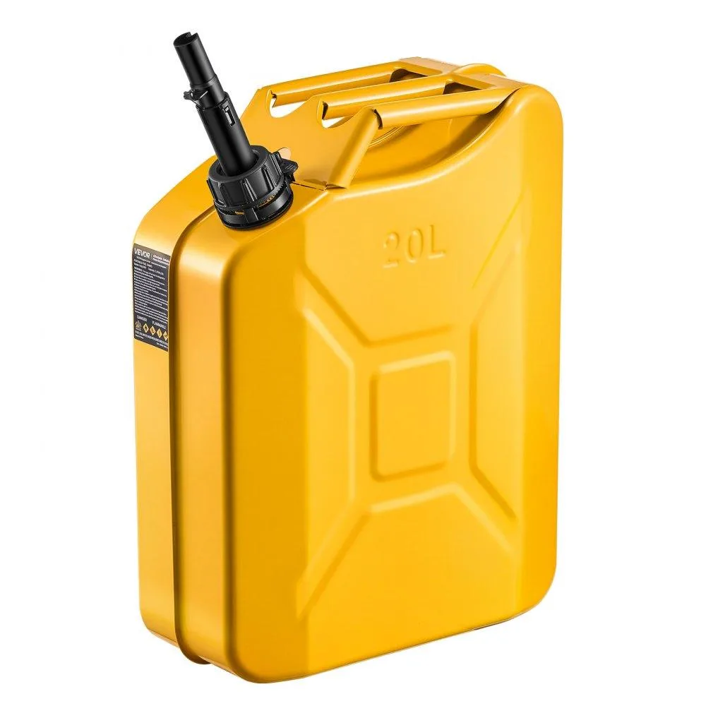Yellow rectangular metal fuel can with spout and handle