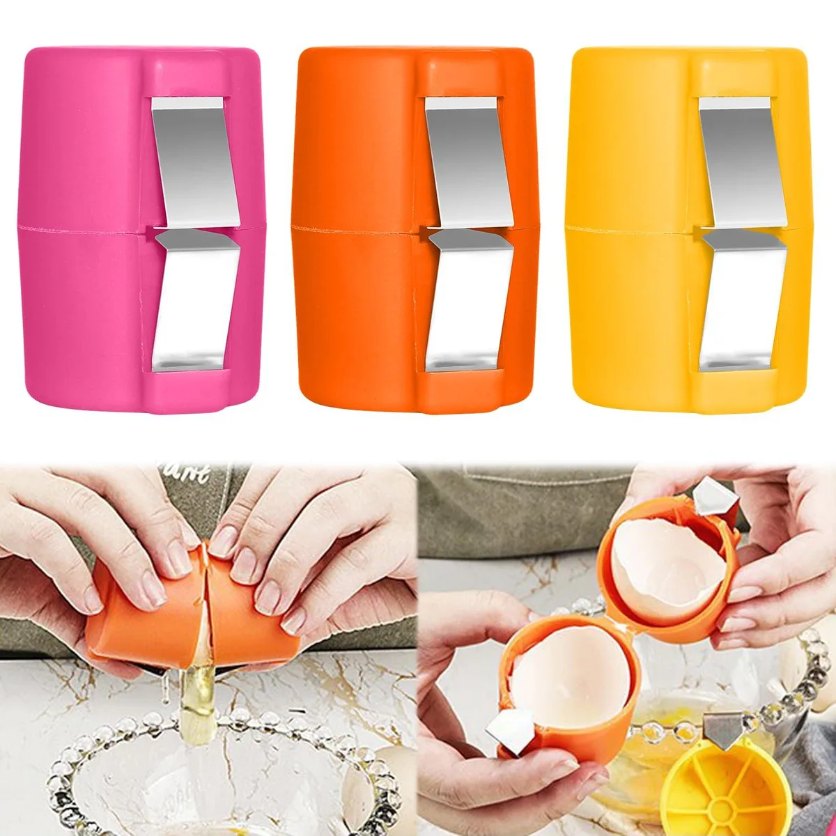 Three small plastic and steel egg tools, one with a spring button, one ring, one cube, white and silver finish