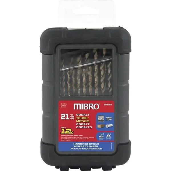 21 cobalt drill bits in metal case, M35 steel with 5% cobalt, 135-degree split-point tips, three-flat shanks on larger sizes
