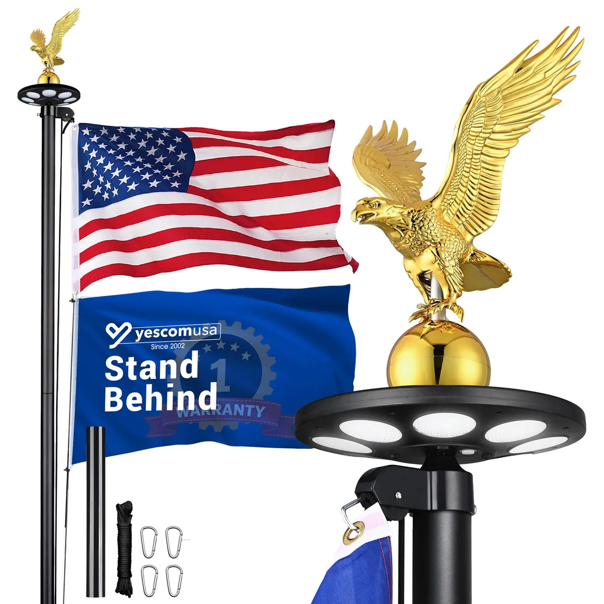 Yescom USA, Inc. Yescom USA, Inc. 22FLPSET057-20S18-L1-EG15-06 20ft 13 Gauge Flag Pole Kit with Solar Light US Flag Gold Eagle — product photo