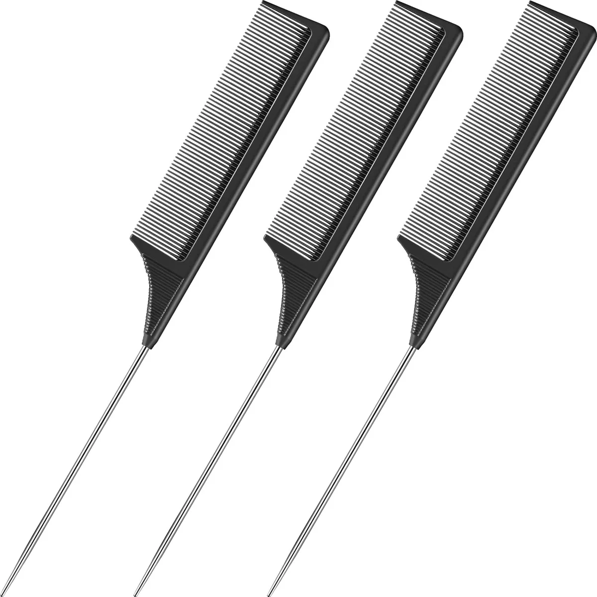 Three black rat tail combs with metal pintails lying flat
