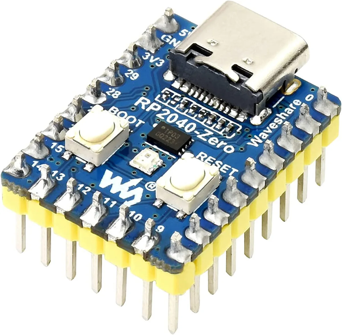 Tiny green circuit board with USB-C port and pre-soldered header pins