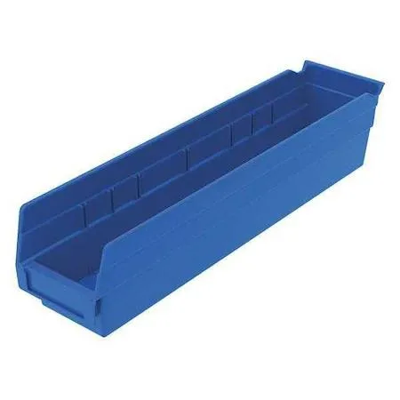 Blue rectangular shelf bin with moulded label area and label holder