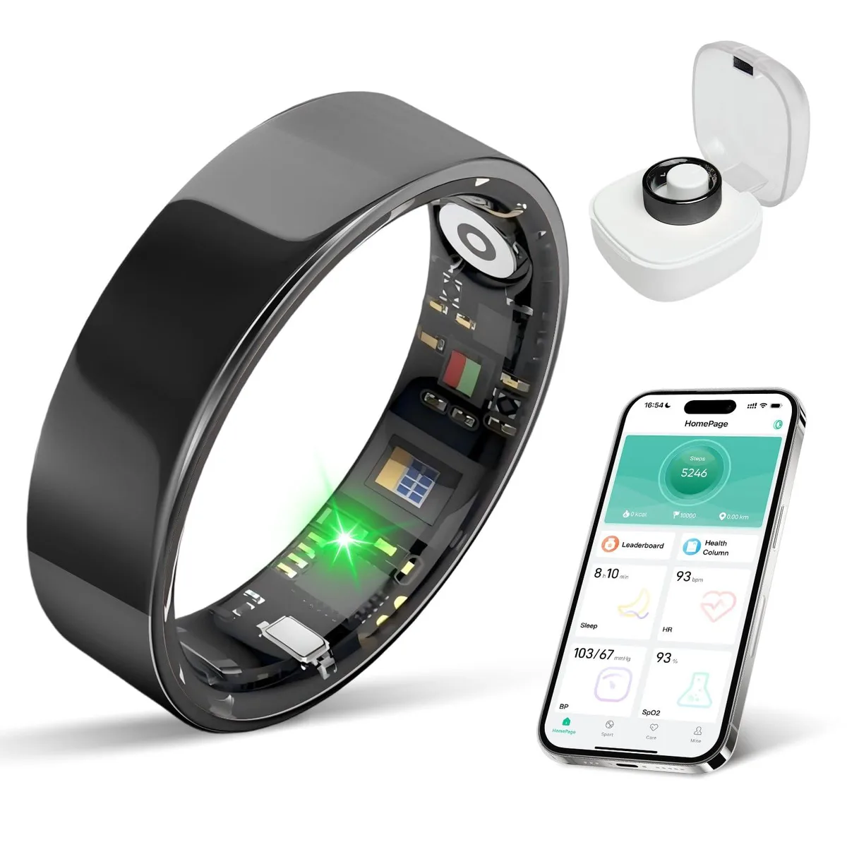 Black smart ring with matte finish, size 8, 1.04 inch display