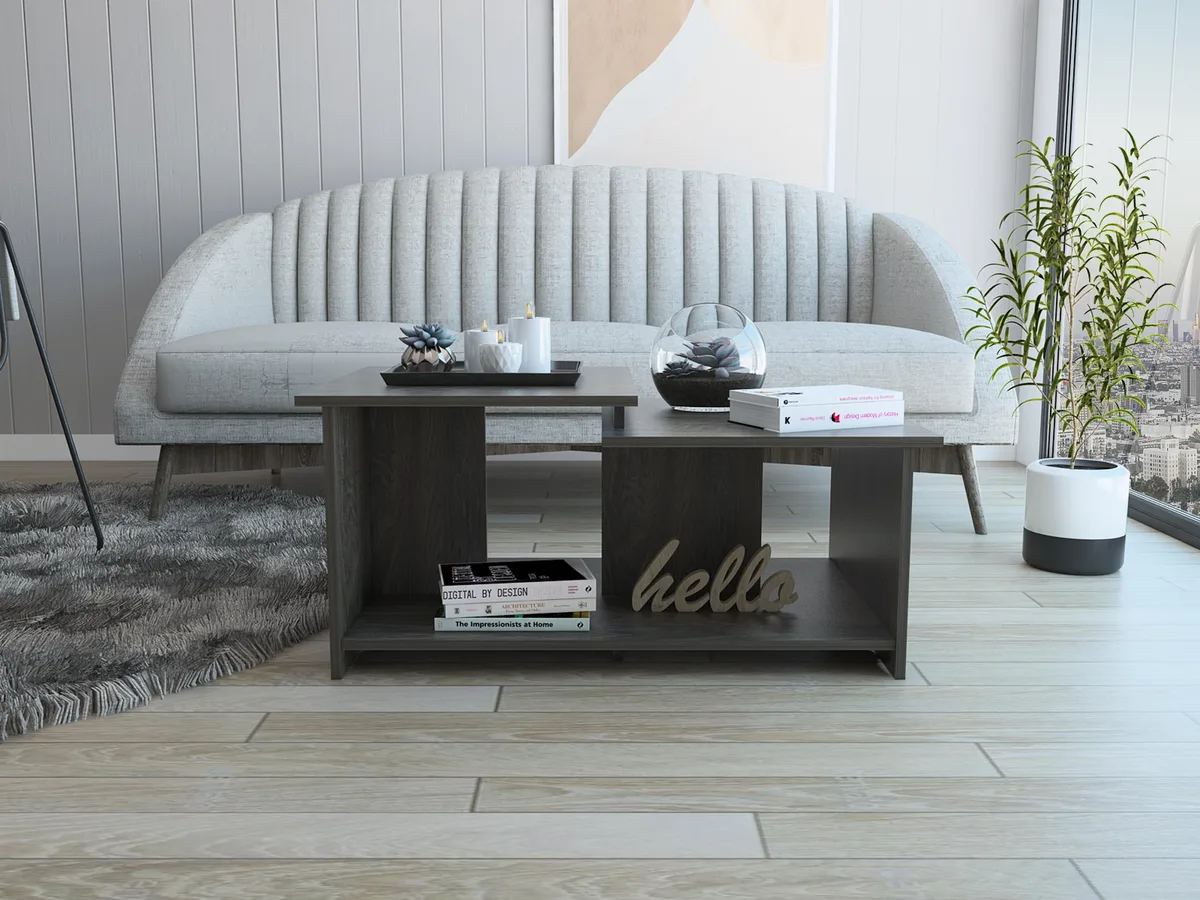 Black wenge finish coffee table with tiered top and lower shelf