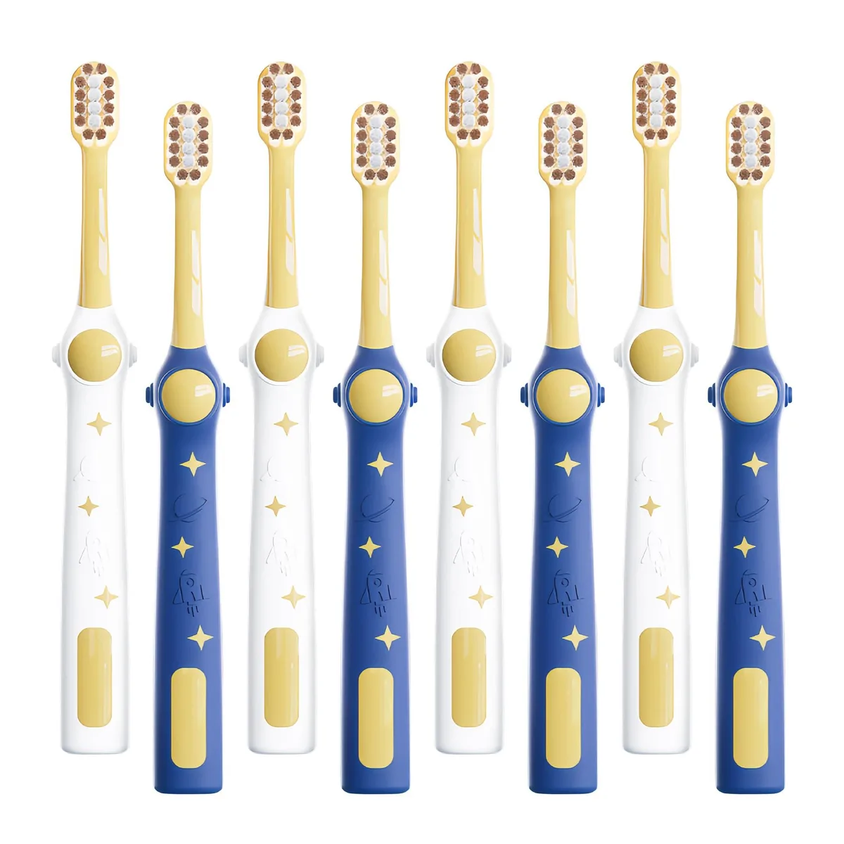 Eight white manual toothbrushes with small heads and silicone handles