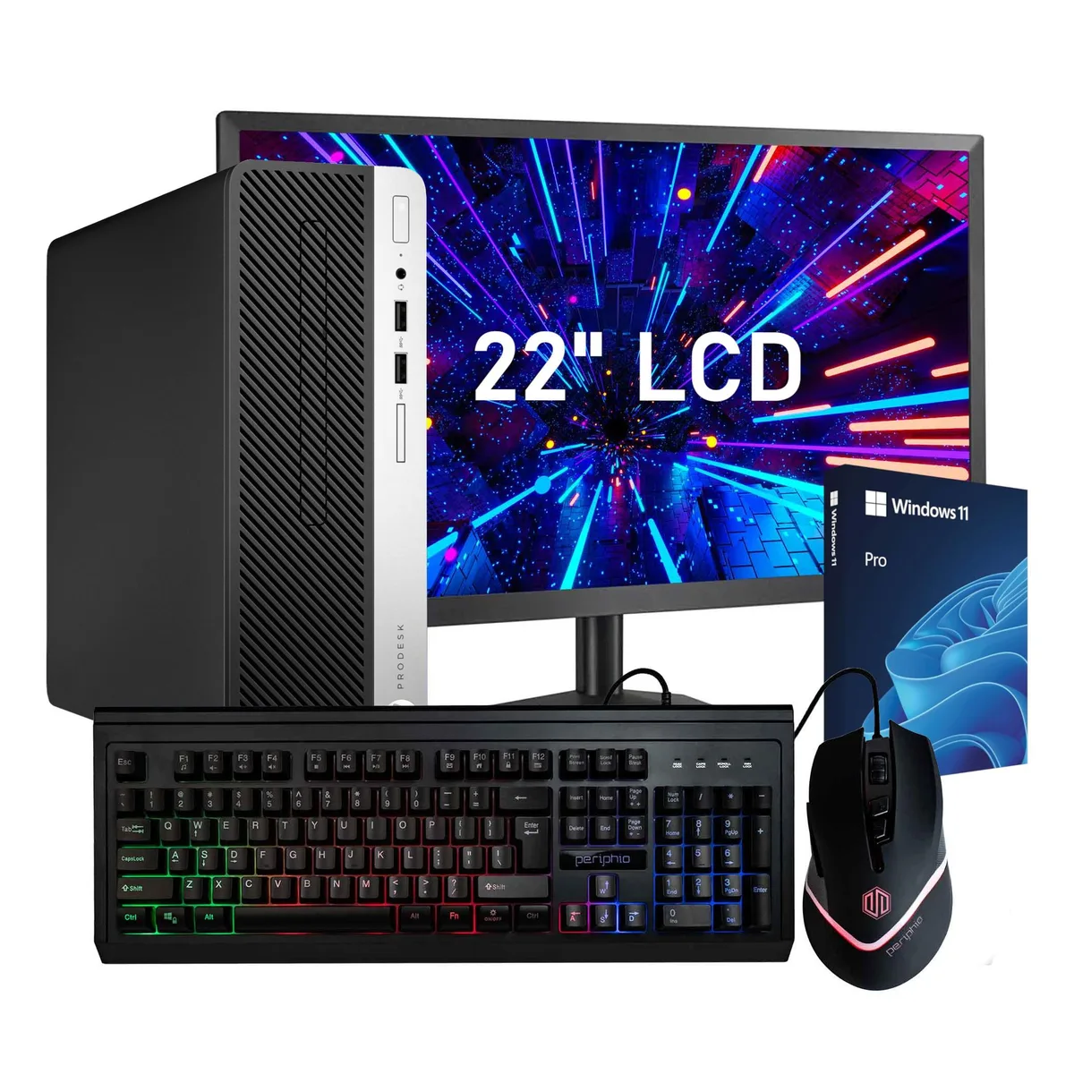 HP HP ProDesk 400 G5 desktop PC i5-8500 32GB DDR4 1TB SSD 22" monitor RGB keyboard mouse Wi-Fi 5 Windows 11 Pro — product photo