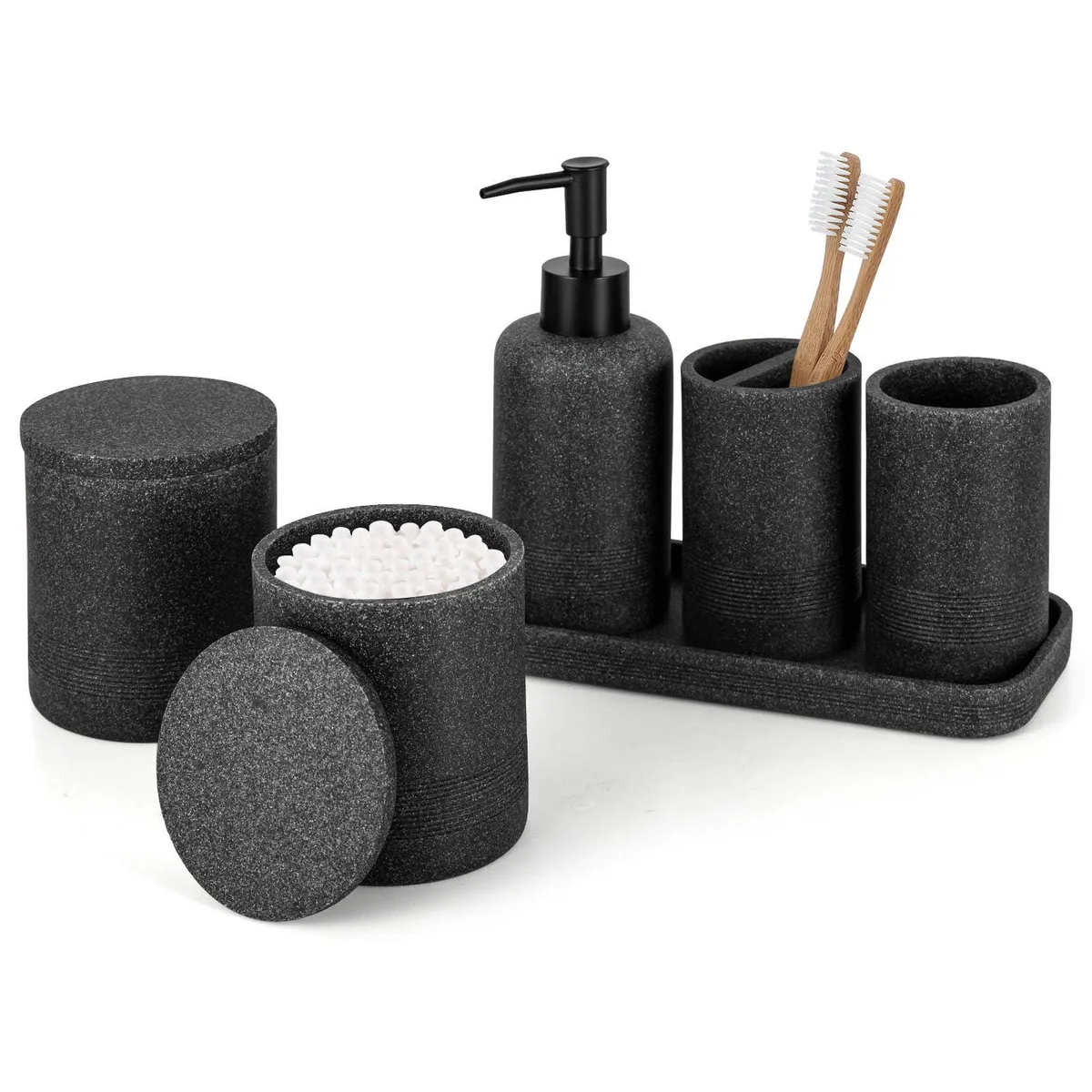 Six-piece black stone bathroom set with dispenser, holder, tray, tumbler and two jars