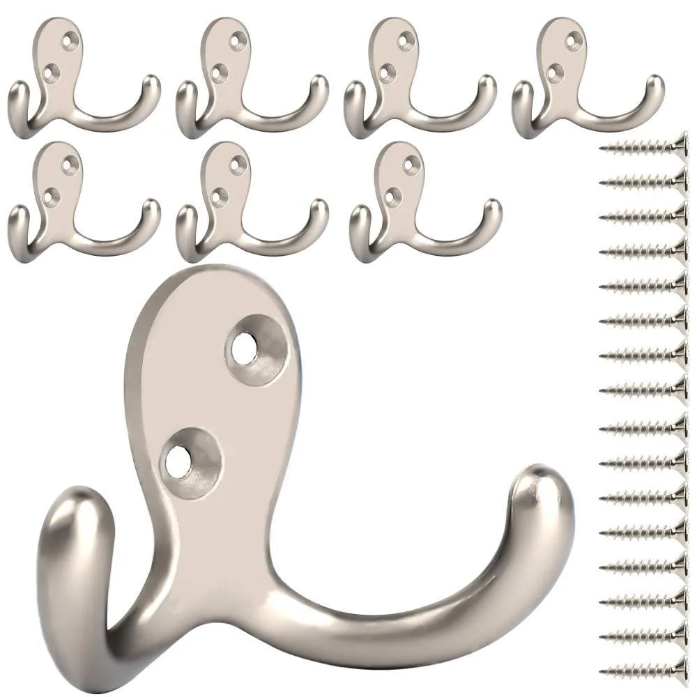Eight silvery double-prong coat hooks with mounting screws