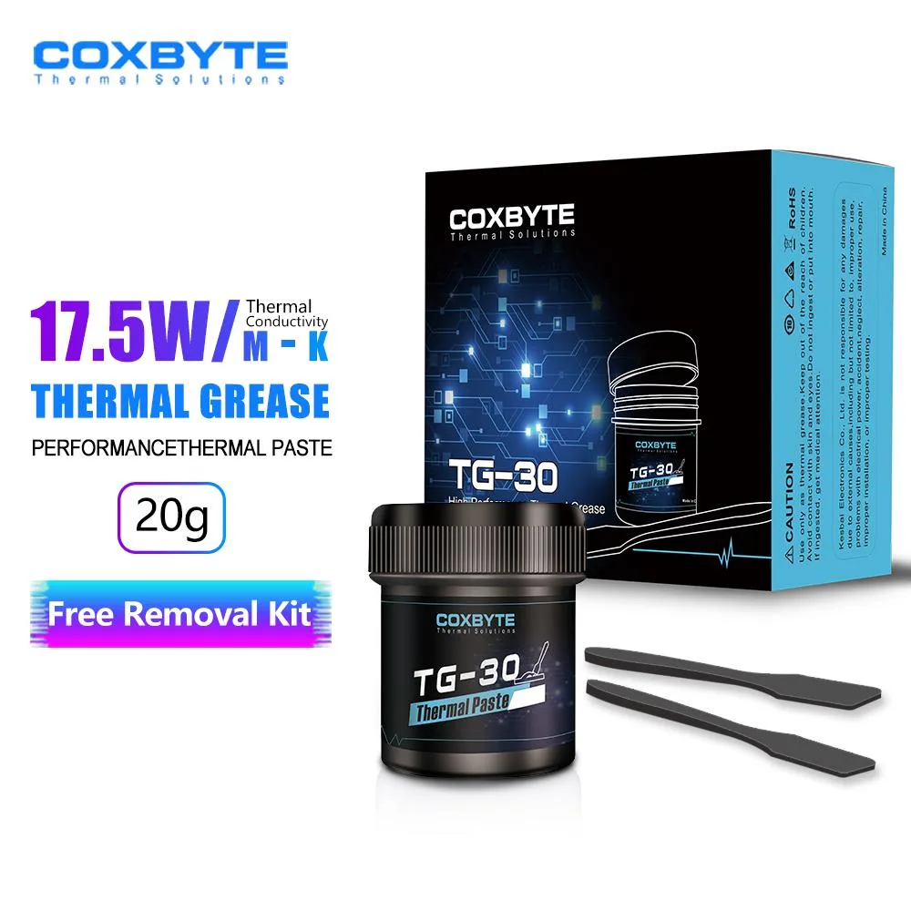 Grey thermal paste in a silver 20g can with coxbyte TG-30 branding