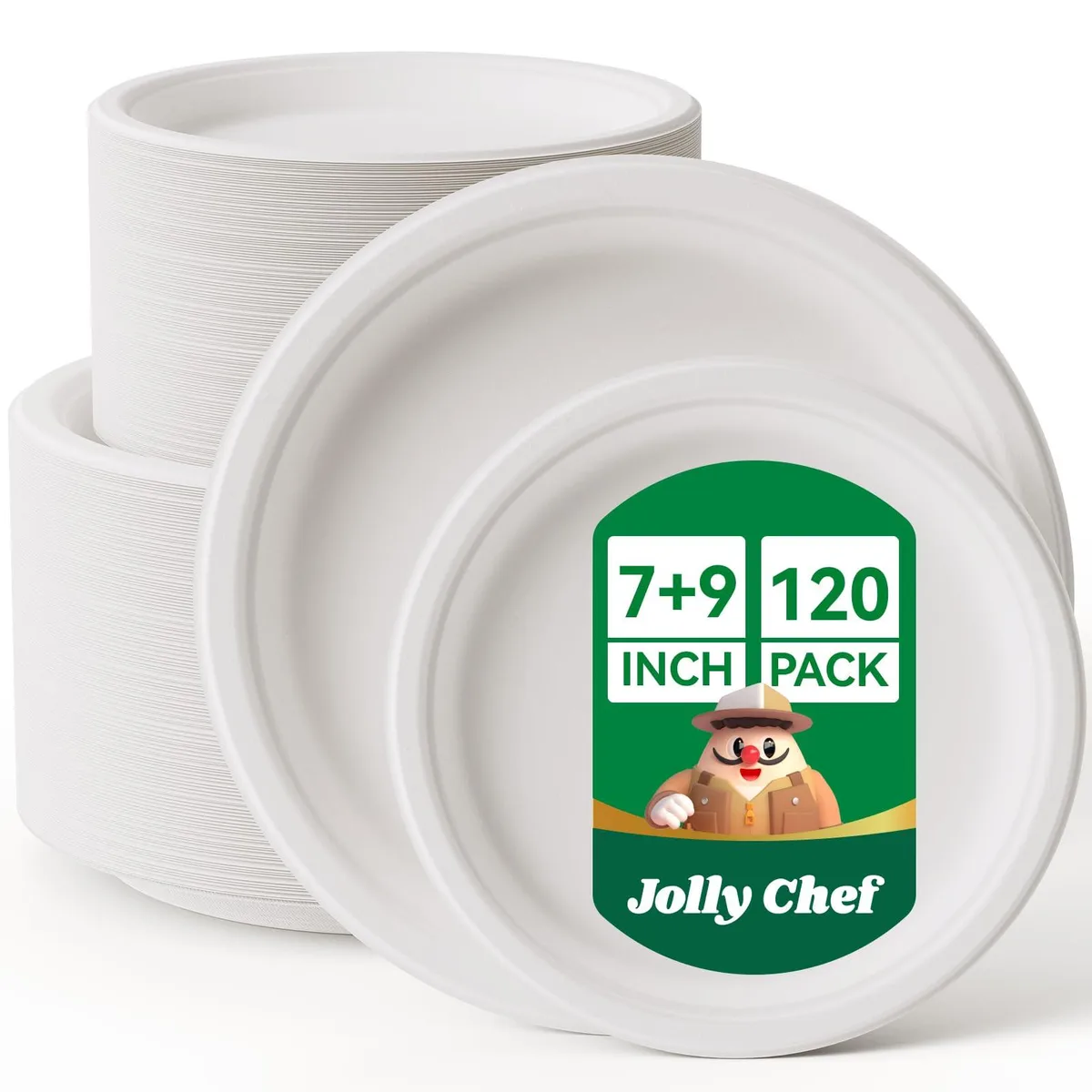 White round bagasse plates in two sizes, 120 pack