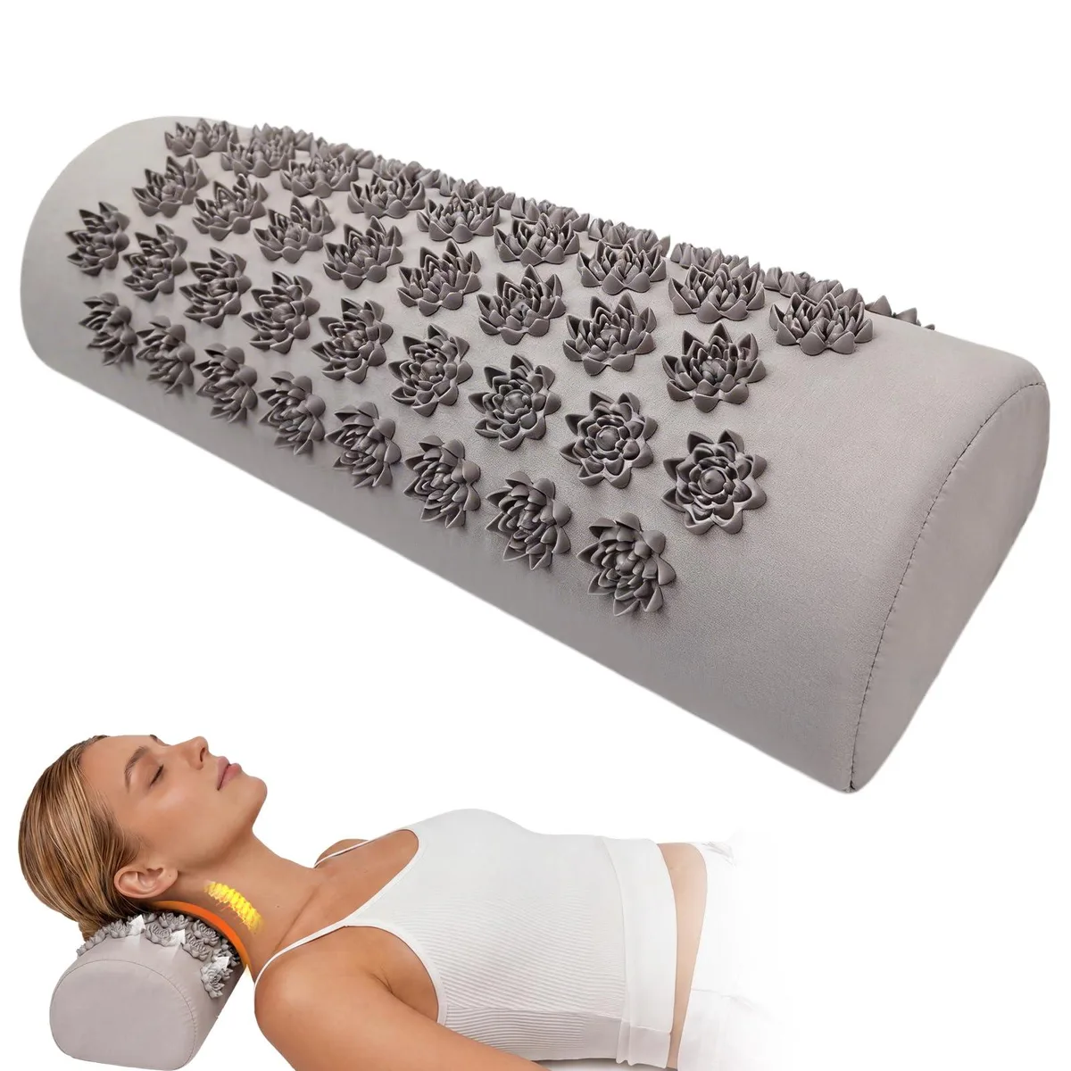 Light gray ergonomic neck pillow with raised lotus-style pressure points, curved shape, soft fabric cover