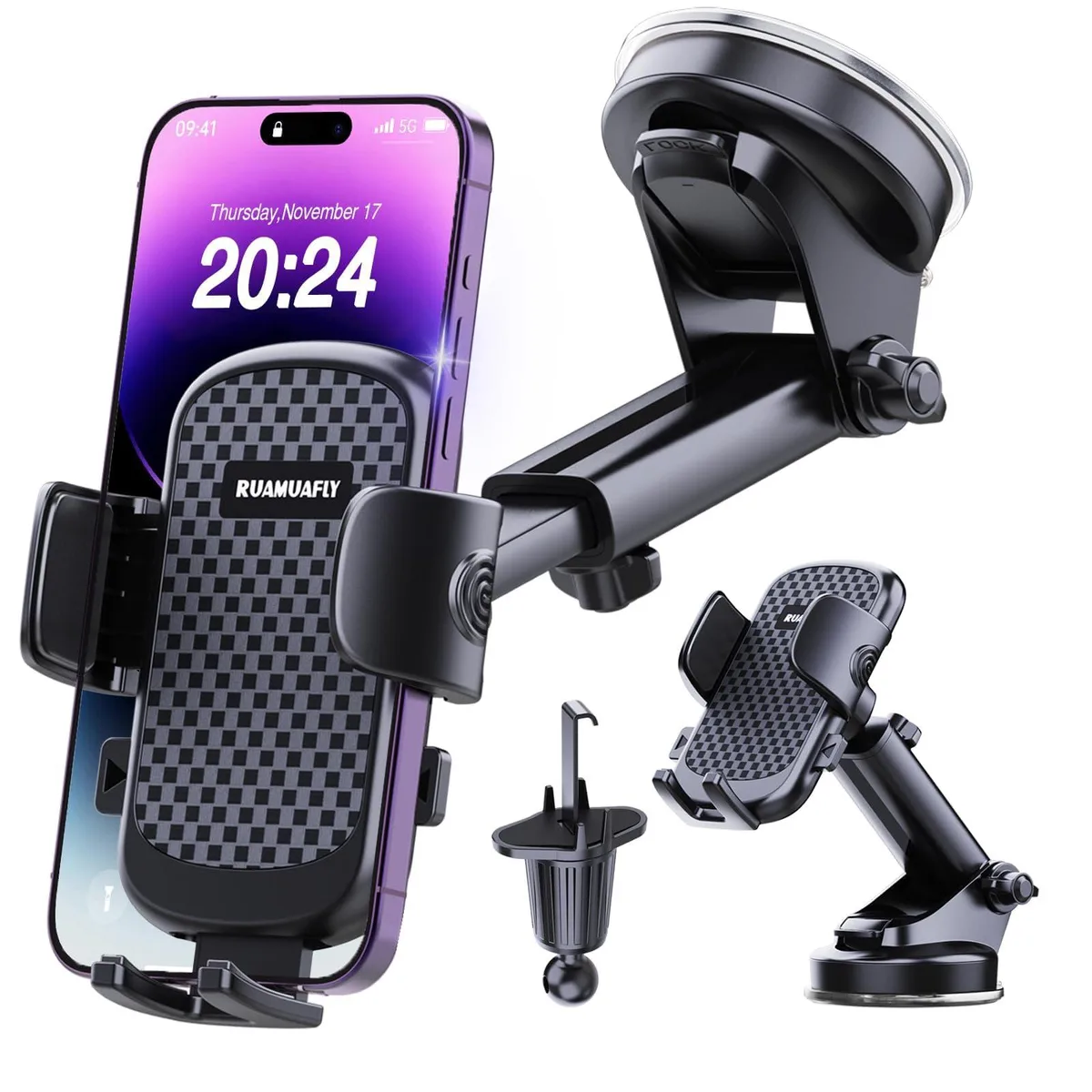 Black car phone mount with suction cup, telescopic arm and vent clip
