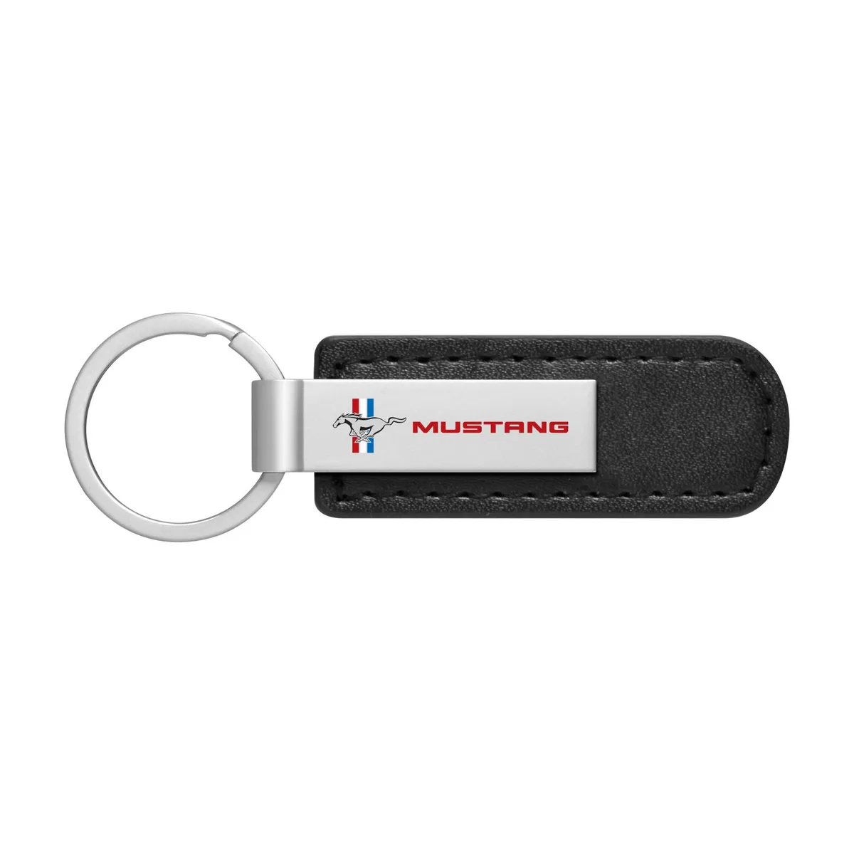 Black PU leather key chain with silver metal tri-bar Mustang logo on red background