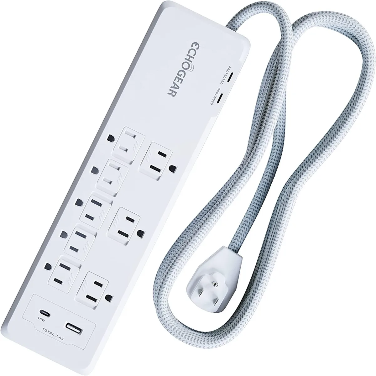 White low-profile surge protector strip with eight AC outlets, USB-A and USB-C ports, braided cord and flat plug