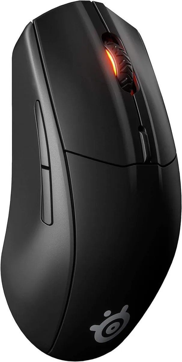 Black right-handed wireless gaming mouse with six buttons and a scroll wheel