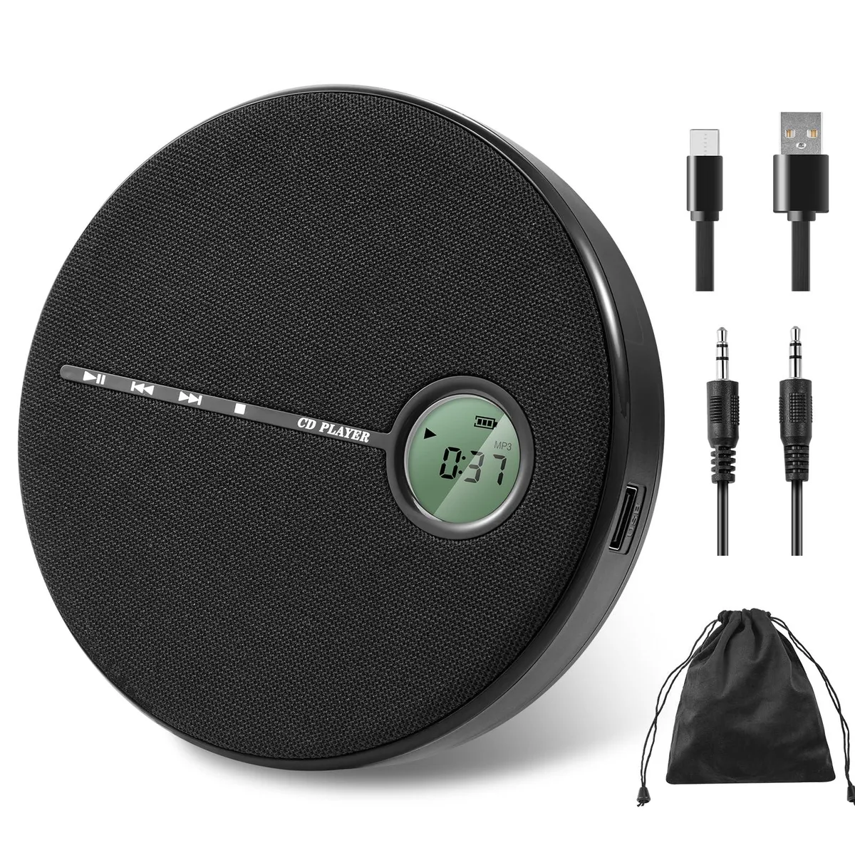 Black portable CD player with Bluetooth 5.3, USB-C charging, 3.5 mm jack, 5.71 in square, 0.98 in thick