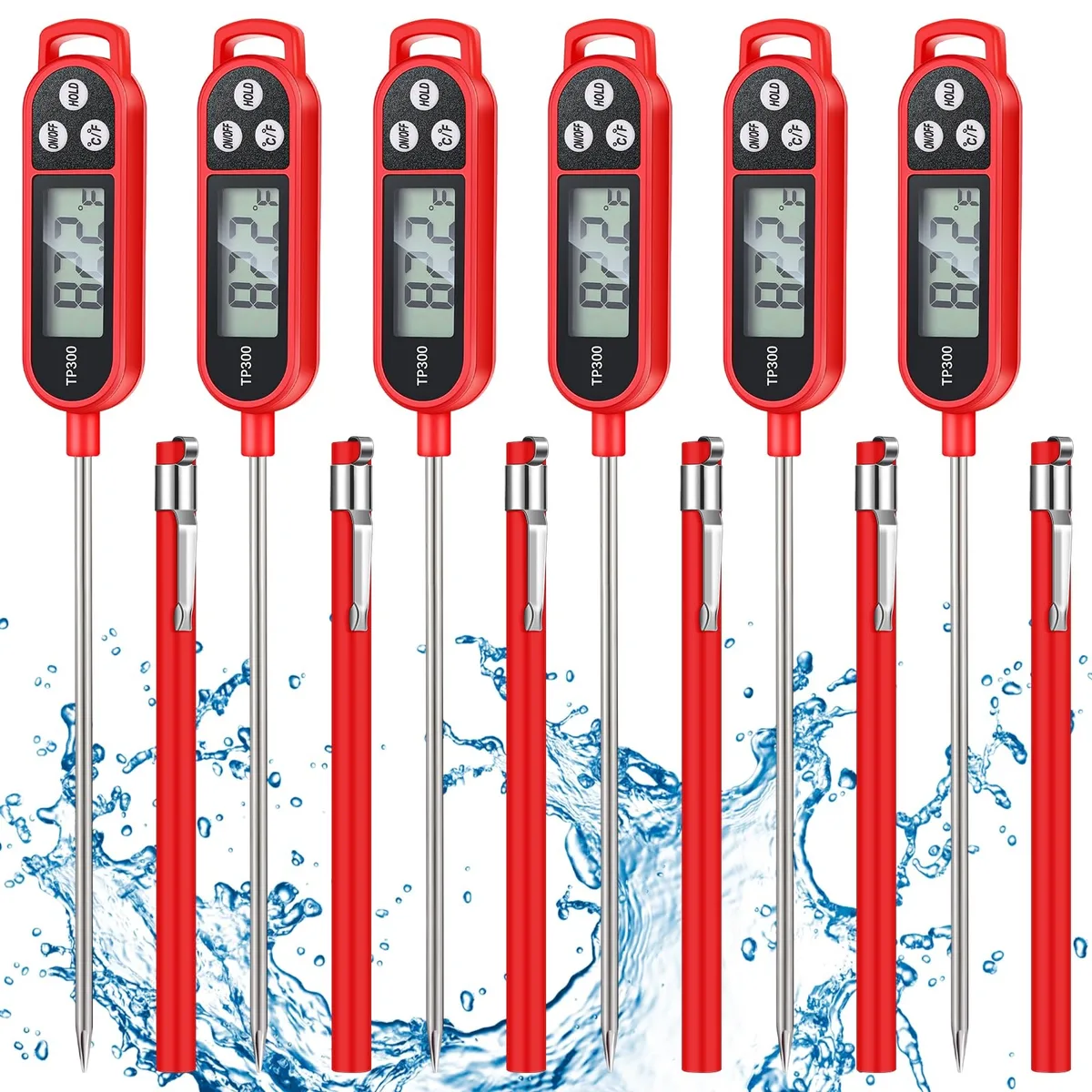 Six red digital food thermometers with stainless steel probes and protective sleeves